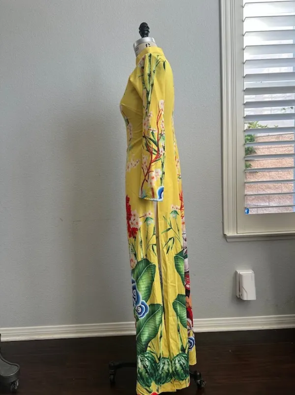 Ao Dai Silk Yellow Floral Dragon Print Long Sleeve Maxi Dress Size M - Image 2