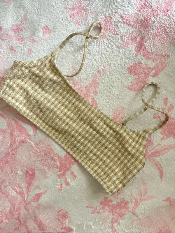 Triangl Mica Tan Cream Gingham Gold Metallic Sparkle Bikini Top Size Small - Image 2