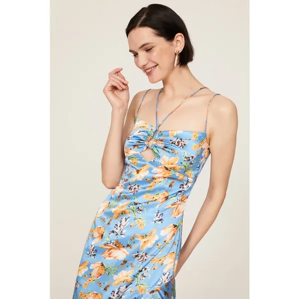 Nookie Simone Blue Floral Satin Asymmetrical Ruffled Cut Out Cocktail Dress L - Image 4