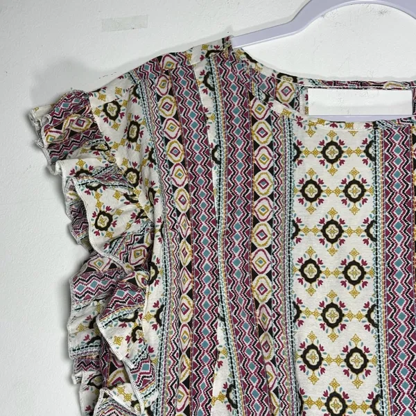 Easel Boho‎ Ruffle Sleeve Smocked Hem Geometric Tribal Print Blouse Small - Image 7