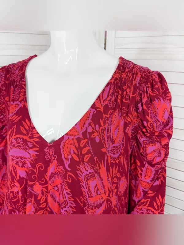 Free People Hello Lover Floral Ruched Puff Shoulder Tunic Mini Dress Red Small‎ - Image 6