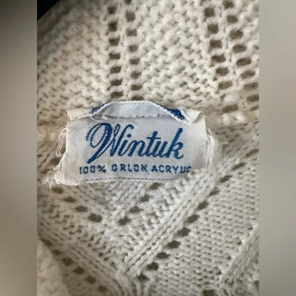 Vintage Wintuk Knit Poncho Button Cape Shawl Sweater with Fringe Trim Off White - Image 2