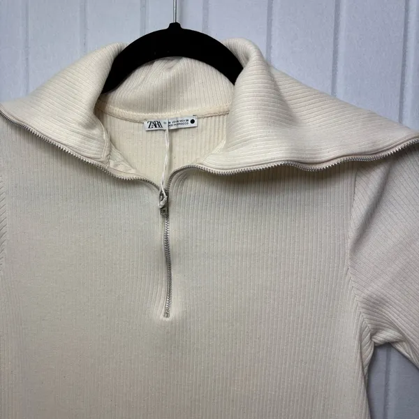 ZARA Sweater Dress Ivory Short Sleeves Quarter Zip Ribbed Knit Size Size M‎ - Image 3