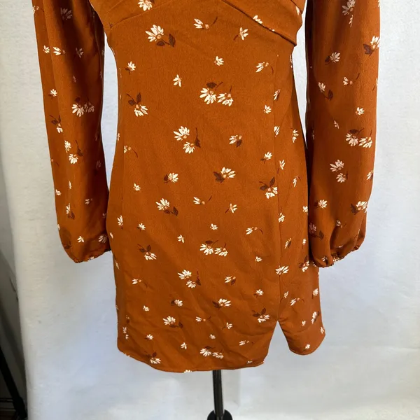 Abercrombie Fitch Rust Brown Floral‎ Sweetheart Neck Puff Sleeve MiniDress Small - Image 5