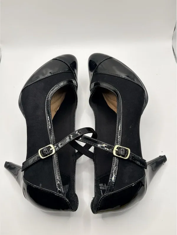 Dexflex Comfort Black Pump Pointed Toe Faux Suede Patent Ankle Strap Heels 8.5 - Image 5