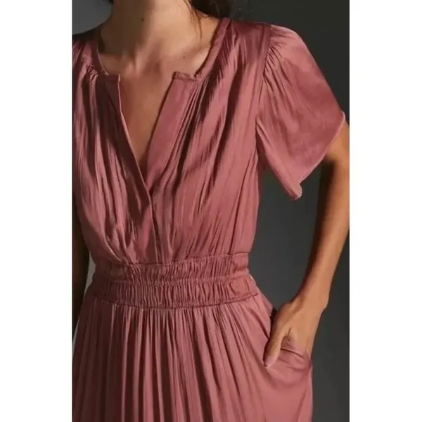 ANTHROPOLOGIE Somerset Satin Maxi Dress Rose Pink Mauve X-Small Petite XSP - Image 6