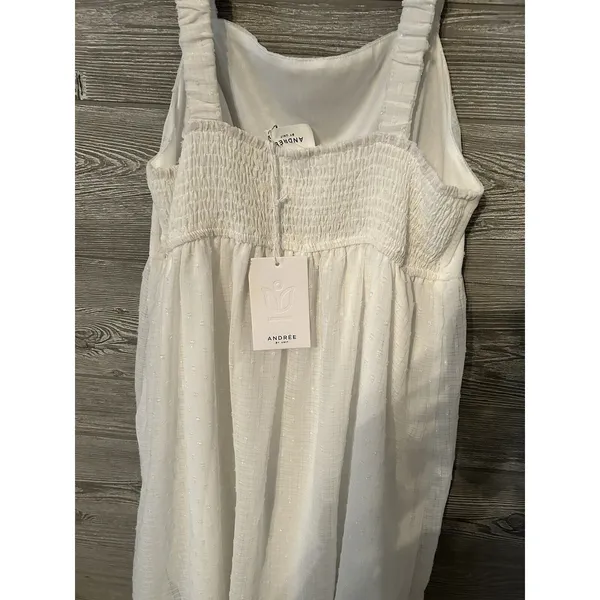 Andrée White Square Neck Smocked Bodice Glitter Sparkle‎ Dress Women's Size L - Image 3