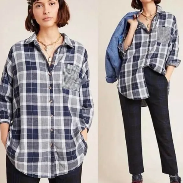 Anthropologie pilcro the letterpress blue plaid boyfriend collared flannel m/l - Image 2