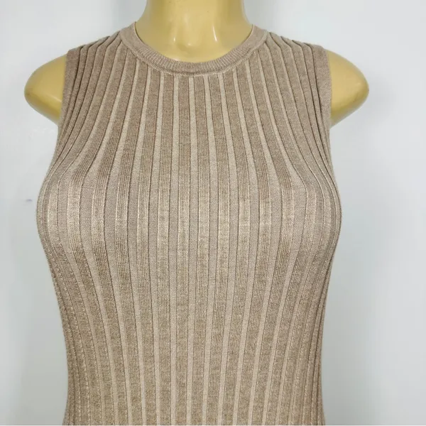 A New Day Wide Ribbed Sweater Midi Dress Sz L Sleeveless Fit Flare Beige - Image 2