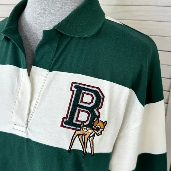 Disney Bambi Y2K Rugby Stripe‎ Cropped Polo Shirt Green White Small Long Sleeve - Image 6