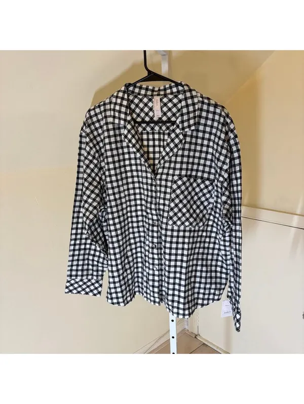 Auden NWT Women's Flannel Black White Checkered Top Shorts Pajama Set Size L - Image 5