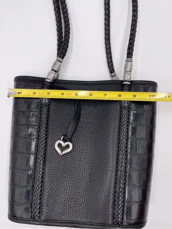 Vintage Brighton Black Pebbled Leather Croc Embossed Shoulder Bag Bucket Tote - Image 12