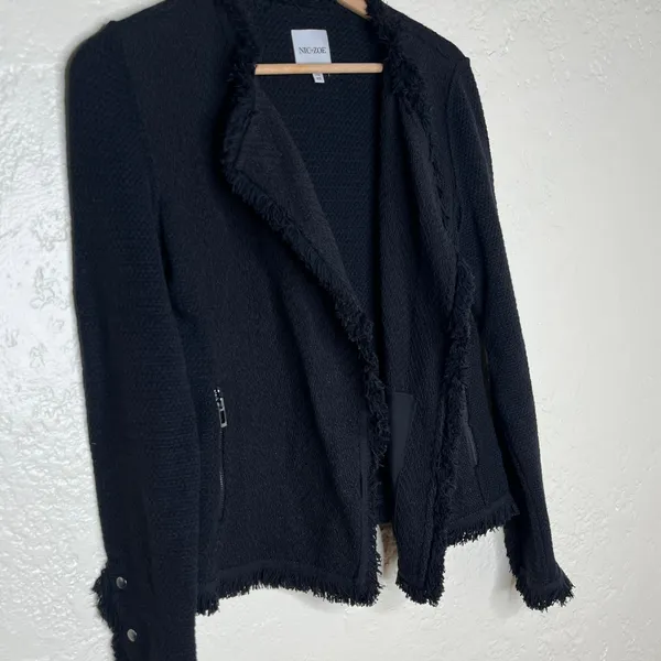 NIC+ZOE Womens Black Fringe Trim Open Front Knit Jacket XS Snap Cuff Pocket - Image 3