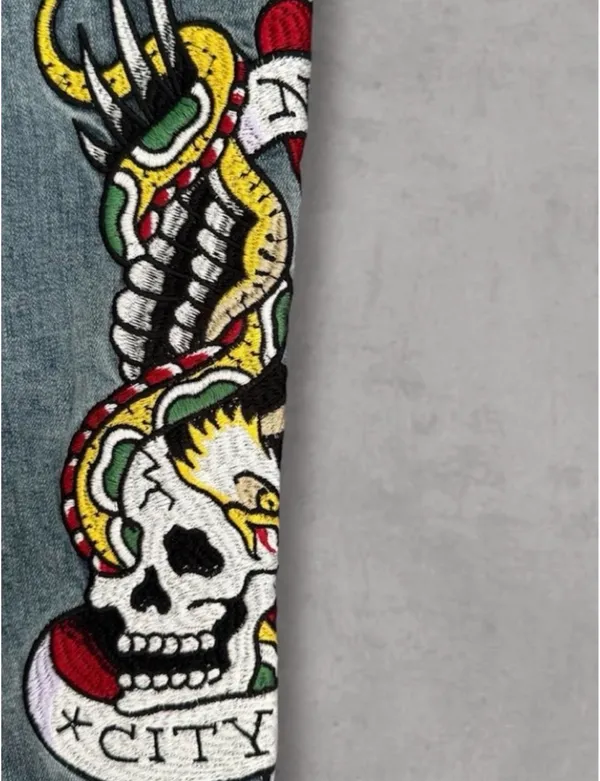 Ed Hardy Embroidered New York City Blue Denim Jeans Slim Flare - Image 5