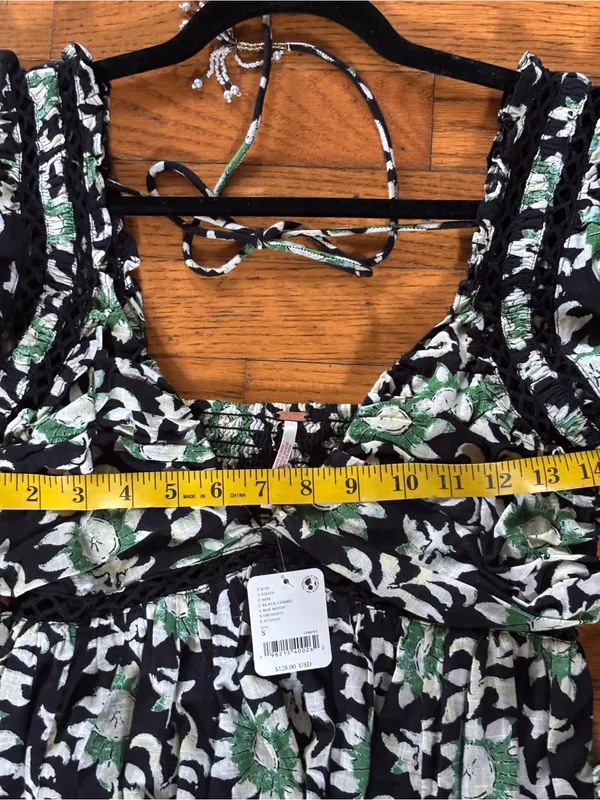 Free People Black and Green Floral Lace-Up Back Mini Dress - Image 8