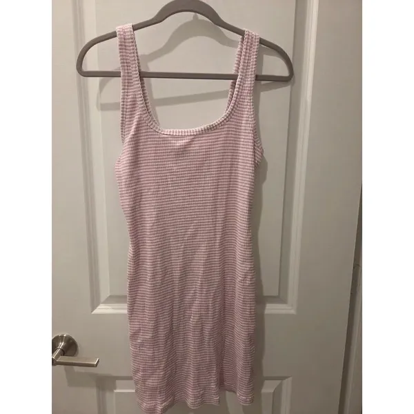 Pink White Striped Ribbed Tank Dress Bodycon Mini size M - Image 3