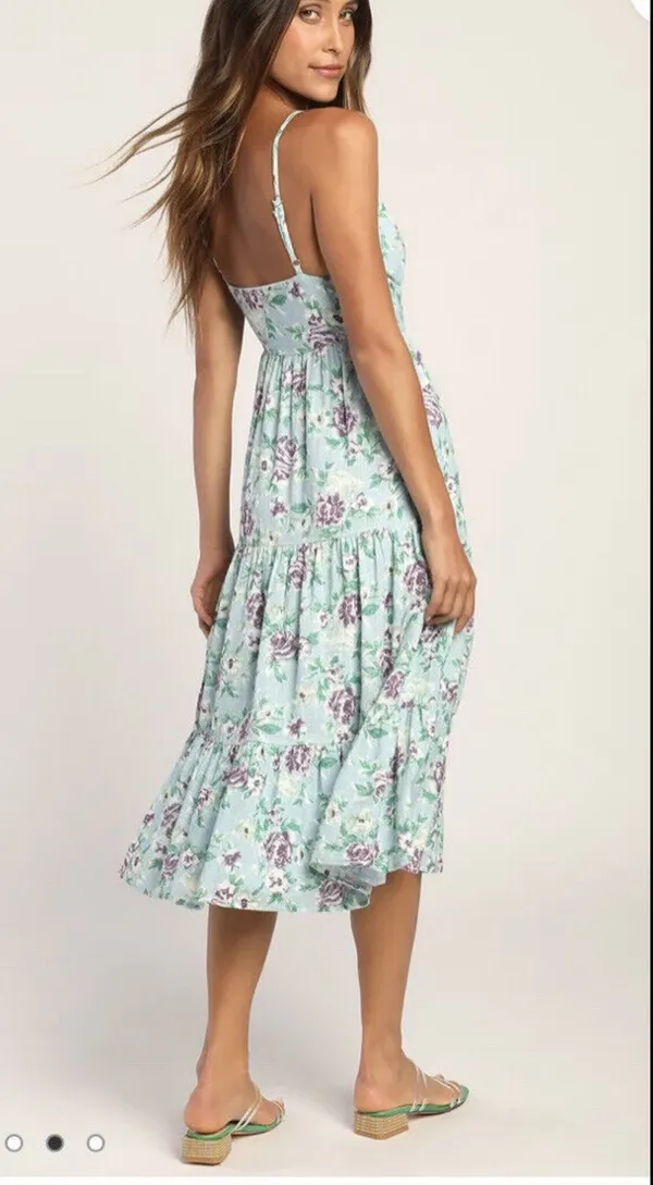 Lulus Bliss Abound Light Blue Floral Print Tiered Midi Dress - Image 3