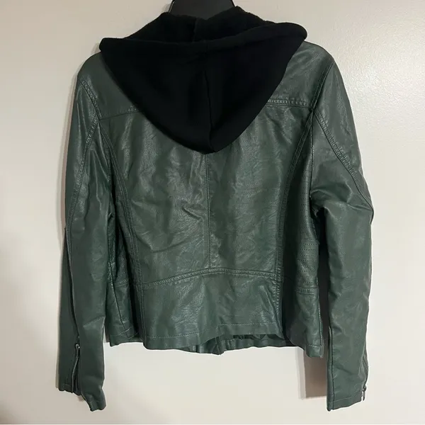 Women's Juniors Harmony & Havoc Faux Leather Jacket Hooded Zipper Size XL Green‎ - Image 11