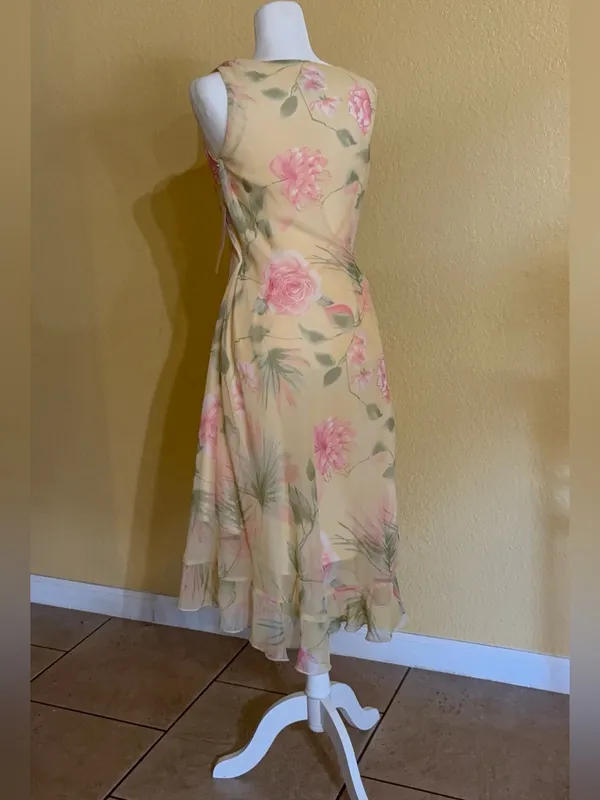 Vintage Dressbarn Yellow Floral Chiffon Midi Dress - Size 12 - NWT - Image 7
