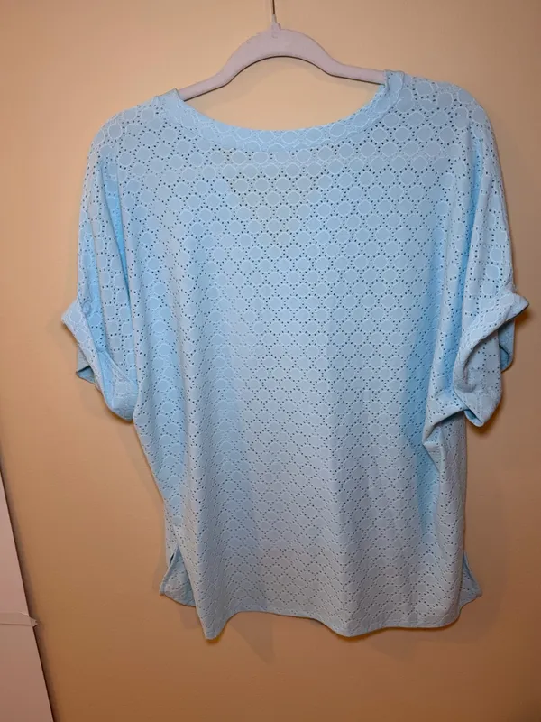 SHEIN Pale Blue Eyelet V-Neck Henley Top with Button Accents - Image 2