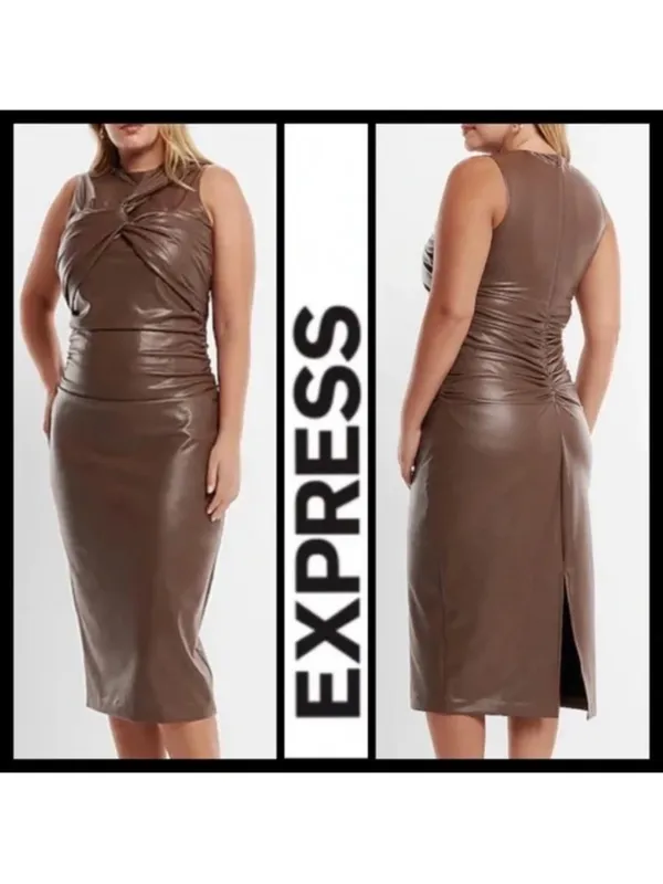 $228 Nwot Express Mocha Body Contour Twist Front Faux Leather Midi Dress Xs - Image 3