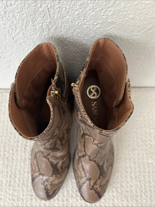 Sam & Libby Size 8.5 Faux Snake Skin Stacked Heel Jett Boots in Mocha Multi - Image 5
