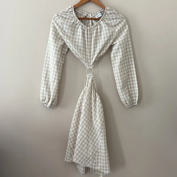 Petal & Pup‎ Beige Cut Out Gingham Dress 100% Cotton Mini Puff Sleeves Size 4 - Image 3