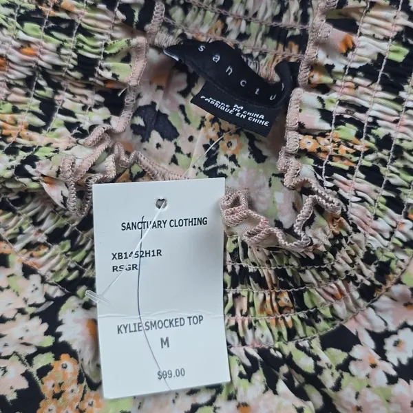 Sanctuary -665 NWT Kylie Smocked Top Long Sleeve Blouse Black Blush Floral‎ M - Image 4