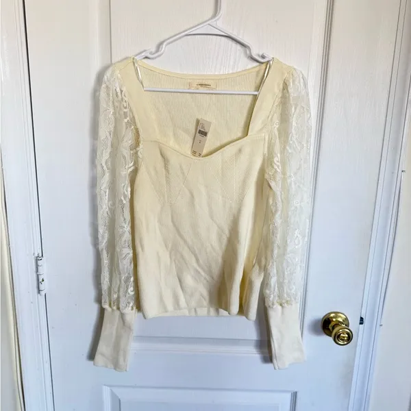 Anthropologie NEW Lace Sleeve Cream Sweater Top - Image 4