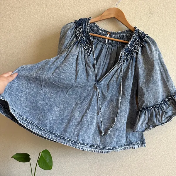 Free People Washed Denim Smocked Top - Image 6
