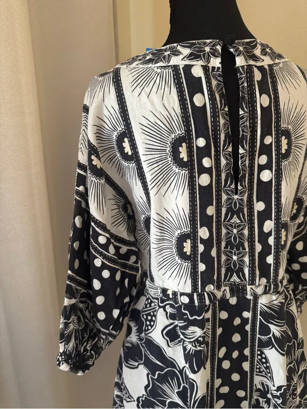 Farm Rio Black White Printed Puff Sleeve Mini Dress Small Boho Floral Resort - Image 9
