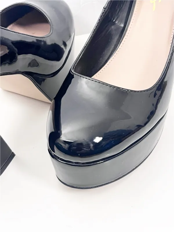 LULUS Joanah Black Patent Leather Round Toe Chunky Platform Block Heels Size 9 - Image 7