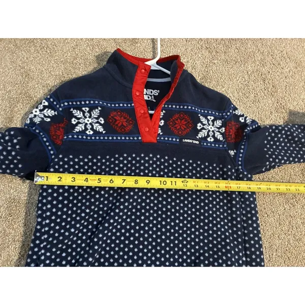 Lands' End navy blue fleece pullover white snowflake dot pattern Small - Image 6