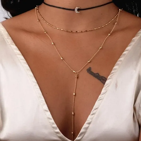 Boutique NEW Gold Dainty‎ Leather Moon 3 Layer Adjustable Necklace - Image 2