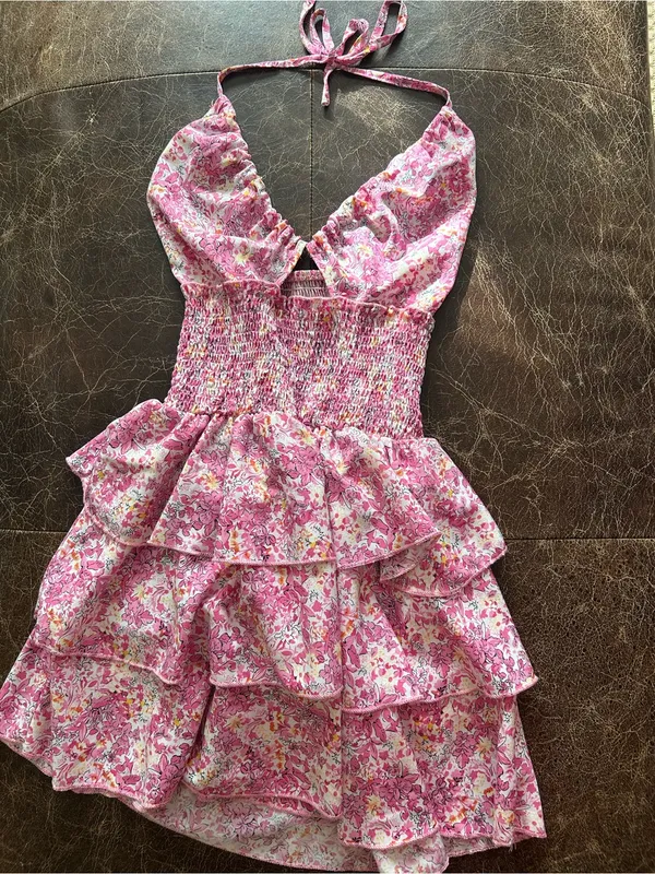 SHEIN Pink Floral Halter Ruffle Dress - Image 2