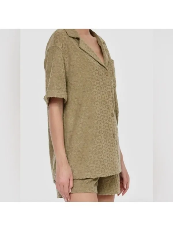 Avec Les Filles Textured Button Down Shirt S Triangle Terrycloth Olive Cover Up - Image 2