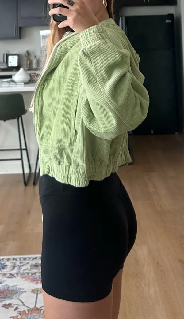 Double Zero Cropped Green Ribbed Jacket - Image 4