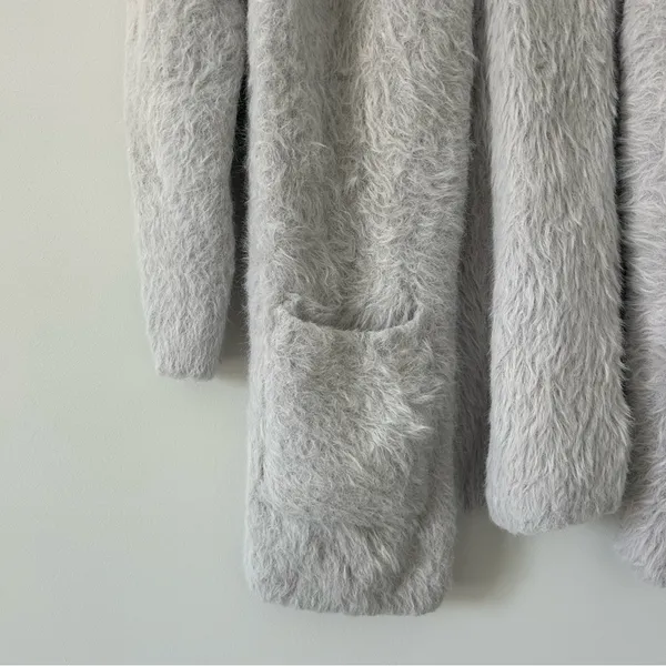Free People Light Grey Super Soft Faux Fur Fuzzy Lounge Cardigan Sweater S - Image 7
