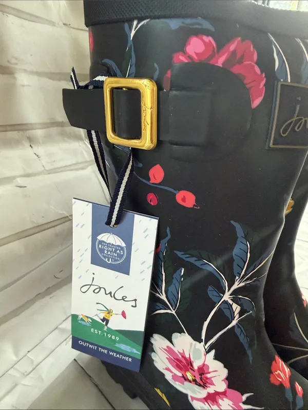 Joules Black Floral Waterproof Women's Rain Boots with Gold Buckle - Image 2