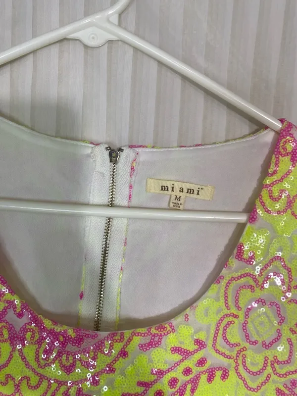 Miami Dress Womens Medium Neon Yellow Pink Sequin Mini Dress Sleeveless - Image 2