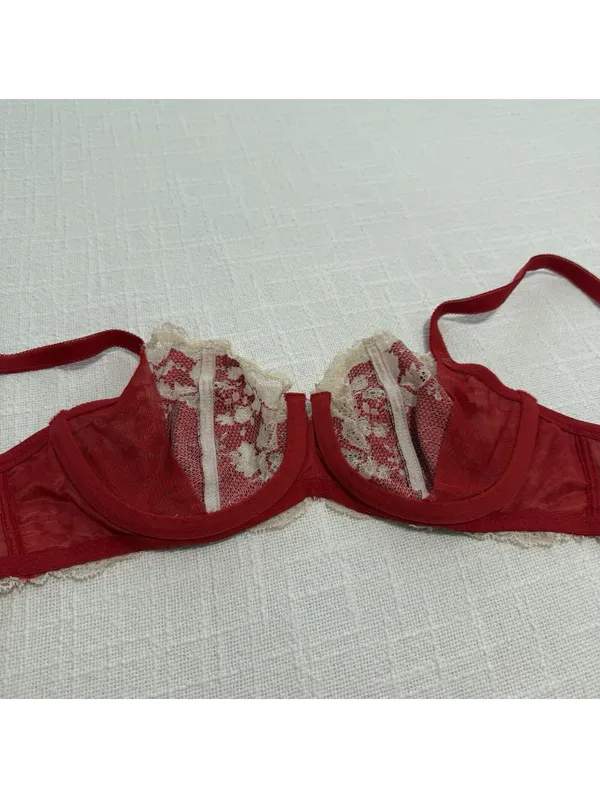 Wacoal 34B Red Lace Unlined Bra Underwire 851256 Off White & Cream Trim - Image 5