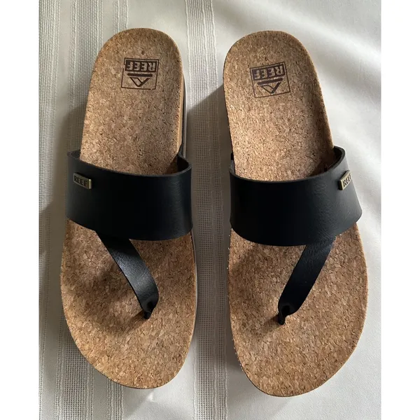 REEF Cushion Sol Hi Platform Flip Flop Sandals Black Tan Womens 9 Cork Wedge EUC - Image 10
