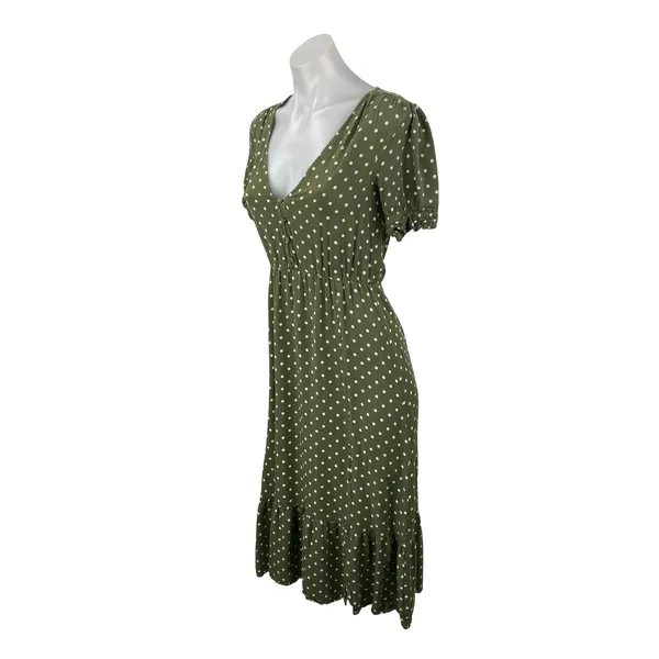 Zara Womens Green Polka Dot V Neck Puff Sleeve Button Midi Flare A-Line Dress XS - Image 3