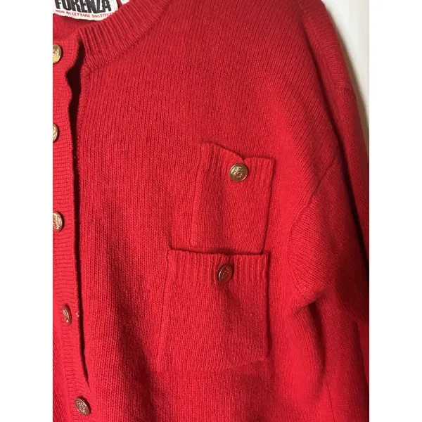vintage Forenza red knit cardigan crew neck gold-tone buttons Lambswool Stain M - Image 3