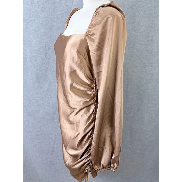 NWT Emory Park Bronze‎ Satin Ruched Mini Dress Square Neck Long Sleeve L - Image 4