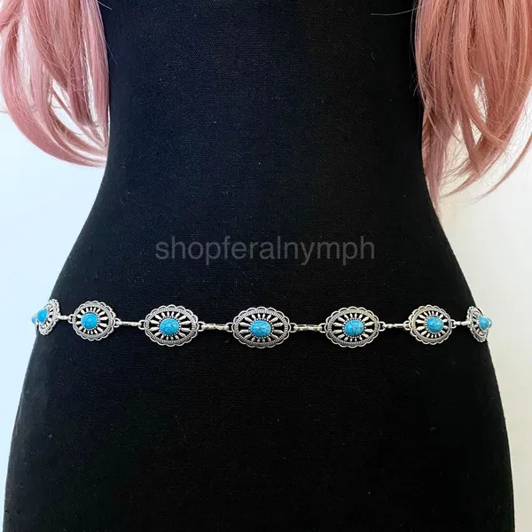 Silver Turquoise Sunburst Concho Chain Belt, Fits 25-44 Inches, X7GA1352 - Image 3