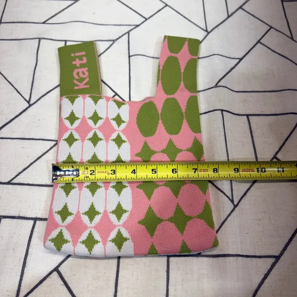 Kati Knit Mini‎ Tote Bag Small Pink Green Geometric Harlequin Pattern - Image 3
