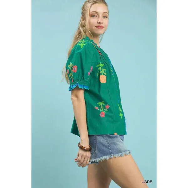 Umgee Petal Parade Print Button-Down Blouse - Jade - Small - Image 2