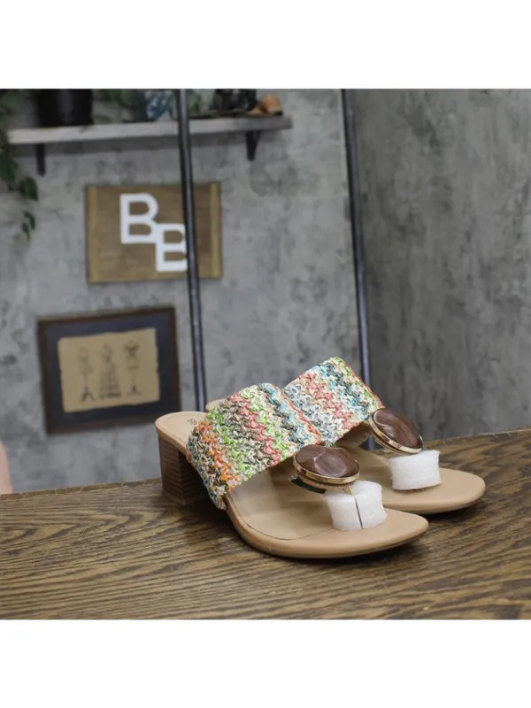 NWT Style & Co. Embellished Raffia Thong Block Heel Sandals Multi Brown 9M - Image 2