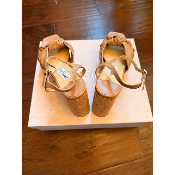 Jimmy Choo Beige Leather Platform Sandals with Cork Heel - Image 4